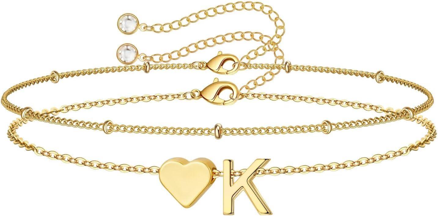 imageM MOOHAM Christmas Gifts for Grandkids Teens Girls 14KGoldPlated Heart Initial Bracelets for Women Girl Dainty Gold Bracelets Birthday Gift Stocking Stuffers for Women Teenage Girls Kids GiftsGoldPlated