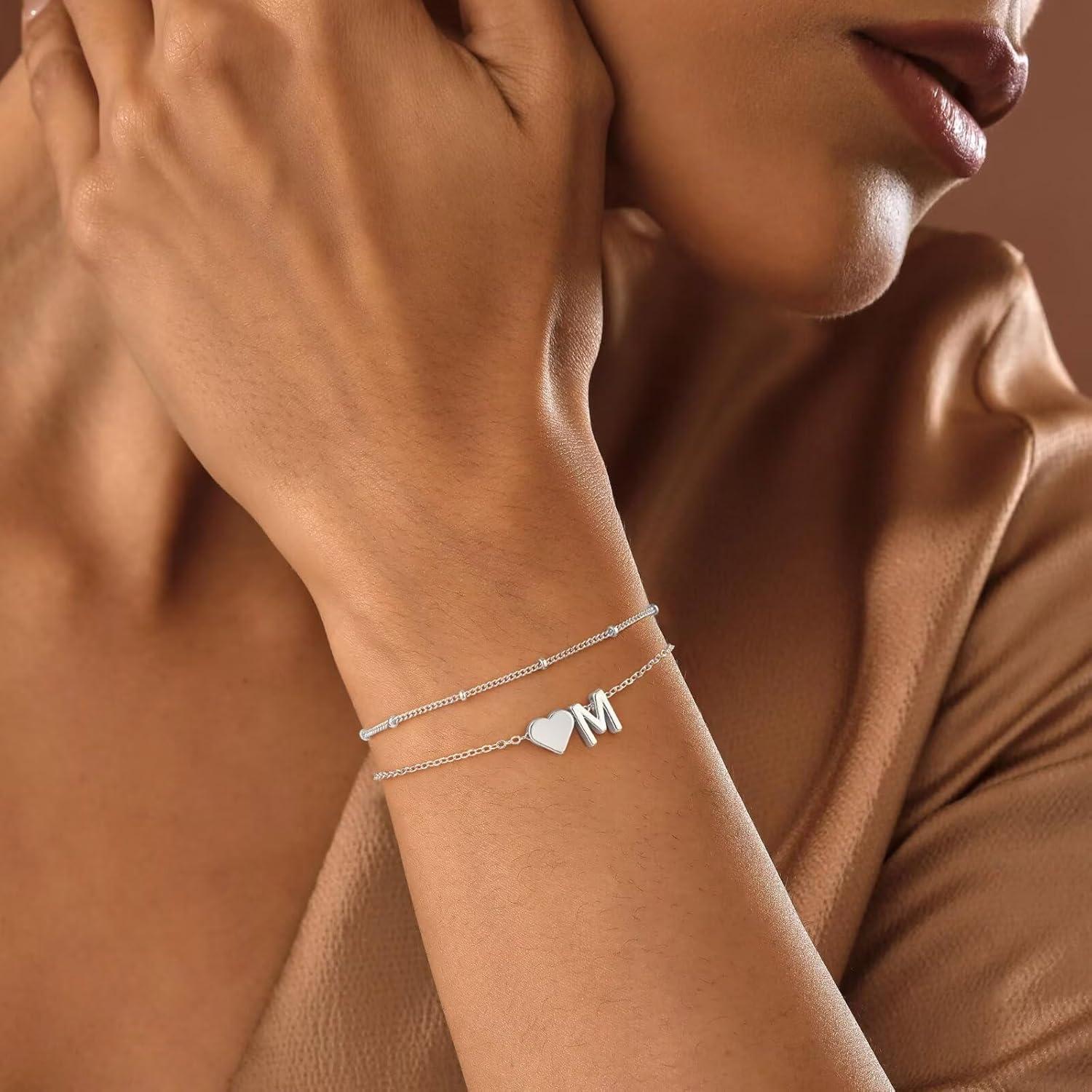 imageM MOOHAM Christmas Gifts for Grandkids Teens Girls 14KGoldPlated Heart Initial Bracelets for Women Girl Dainty Gold Bracelets Birthday Gift Stocking Stuffers for Women Teenage Girls Kids GiftsSilverPlated