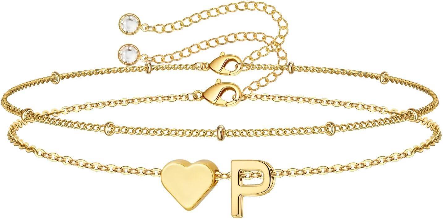 imageM MOOHAM Christmas Gifts for Grandkids Teens Girls 14KGoldPlated Heart Initial Bracelets for Women Girl Dainty Gold Bracelets Birthday Gift Stocking Stuffers for Women Teenage Girls Kids GiftsGoldPlated