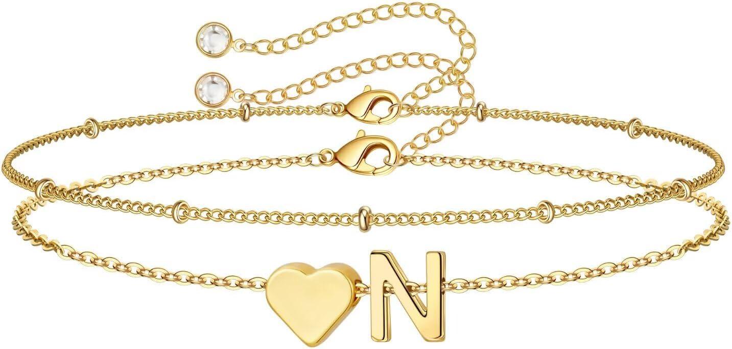 imageM MOOHAM Christmas Gifts for Grandkids Teens Girls 14KGoldPlated Heart Initial Bracelets for Women Girl Dainty Gold Bracelets Birthday Gift Stocking Stuffers for Women Teenage Girls Kids GiftsGoldPlated