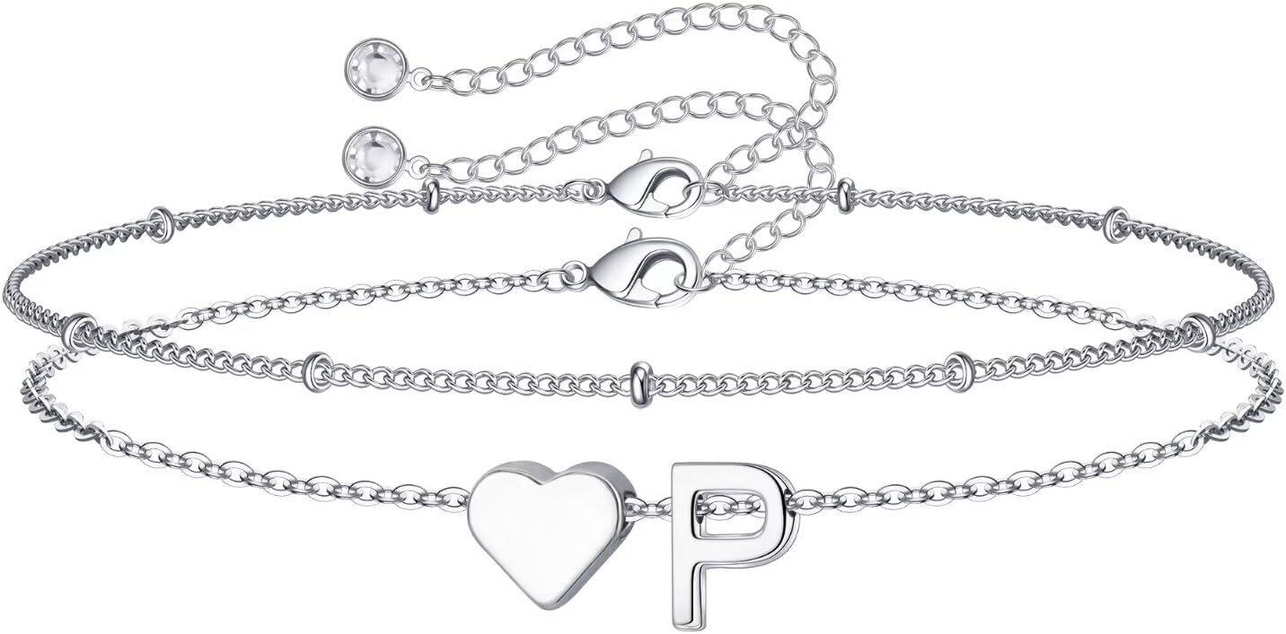 imageM MOOHAM Christmas Gifts for Grandkids Teens Girls 14KGoldPlated Heart Initial Bracelets for Women Girl Dainty Gold Bracelets Birthday Gift Stocking Stuffers for Women Teenage Girls Kids GiftsSilverPlated