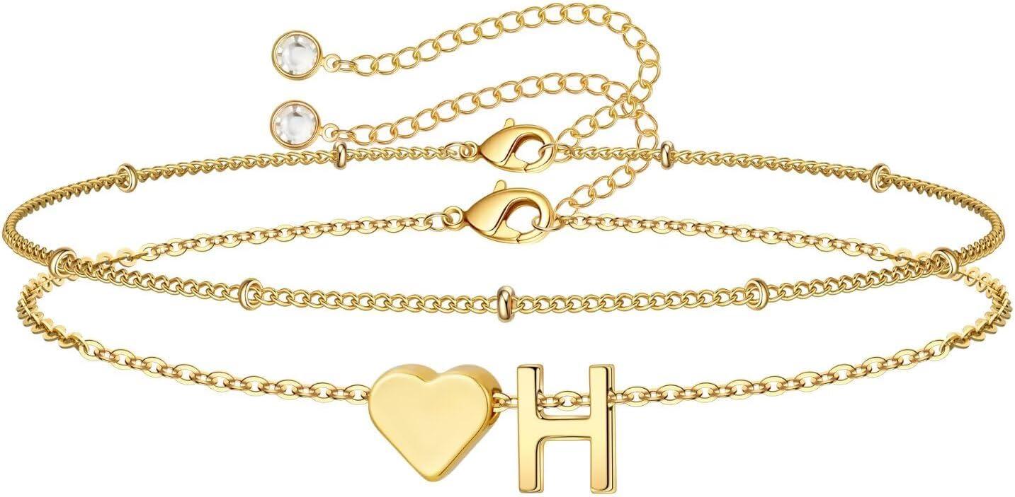 imageM MOOHAM Christmas Gifts for Grandkids Teens Girls 14KGoldPlated Heart Initial Bracelets for Women Girl Dainty Gold Bracelets Birthday Gift Stocking Stuffers for Women Teenage Girls Kids GiftsGoldPlated