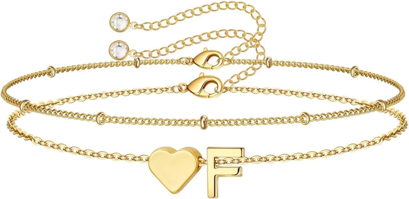 imageM MOOHAM Christmas Gifts for Grandkids Teens Girls 14KGoldPlated Heart Initial Bracelets for Women Girl Dainty Gold Bracelets Birthday Gift Stocking Stuffers for Women Teenage Girls Kids GiftsGoldPlated