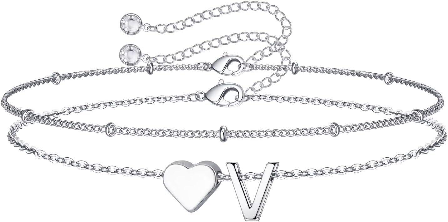 imageM MOOHAM Christmas Gifts for Grandkids Teens Girls 14KGoldPlated Heart Initial Bracelets for Women Girl Dainty Gold Bracelets Birthday Gift Stocking Stuffers for Women Teenage Girls Kids GiftsSilverPlated