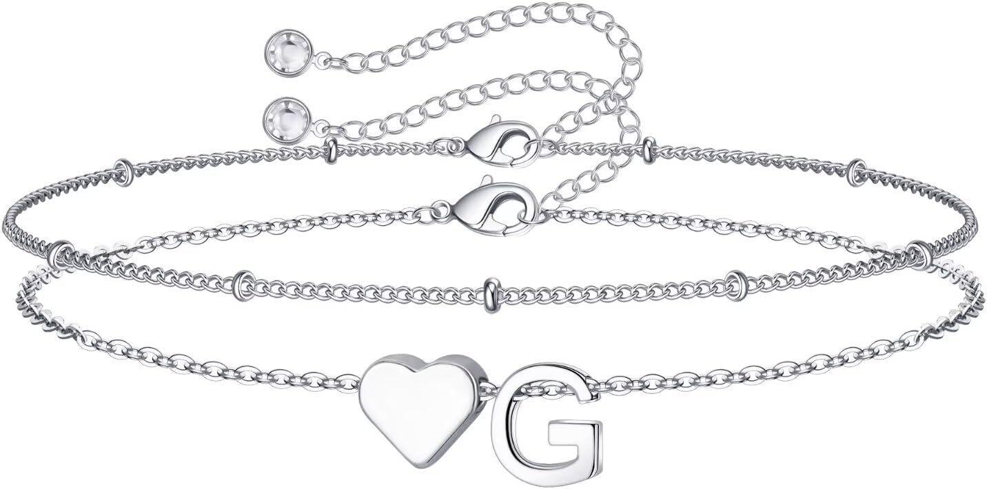 imageM MOOHAM Christmas Gifts for Grandkids Teens Girls 14KGoldPlated Heart Initial Bracelets for Women Girl Dainty Gold Bracelets Birthday Gift Stocking Stuffers for Women Teenage Girls Kids GiftsSilverPlated