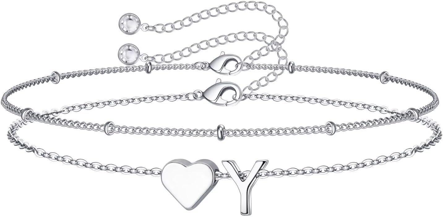 imageM MOOHAM Christmas Gifts for Grandkids Teens Girls 14KGoldPlated Heart Initial Bracelets for Women Girl Dainty Gold Bracelets Birthday Gift Stocking Stuffers for Women Teenage Girls Kids GiftsSilverPlated