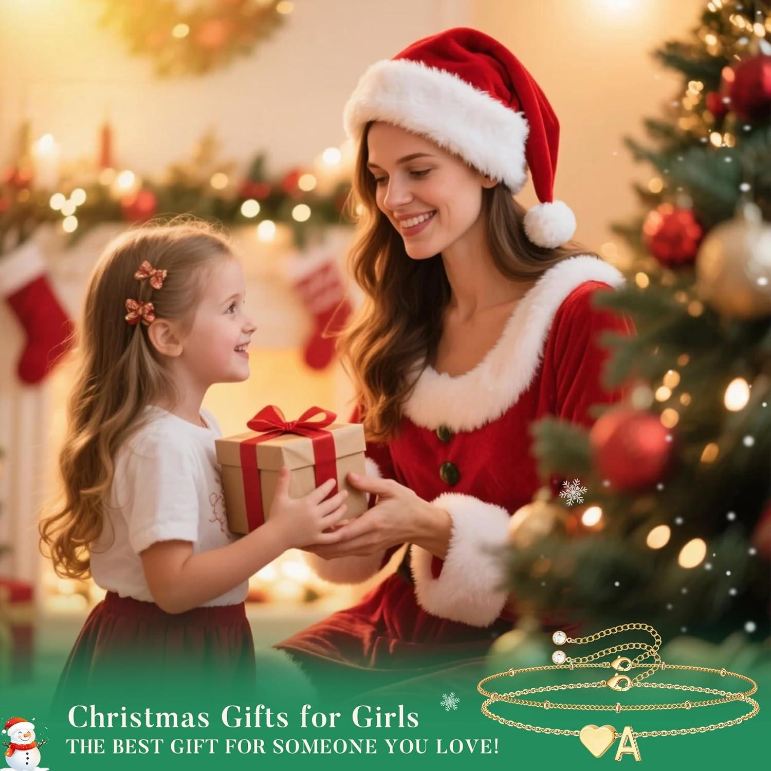 imageM MOOHAM Christmas Gifts for Grandkids Teens Girls 14KGoldPlated Heart Initial Bracelets for Women Girl Dainty Gold Bracelets Birthday Gift Stocking Stuffers for Women Teenage Girls Kids GiftsGoldPlated