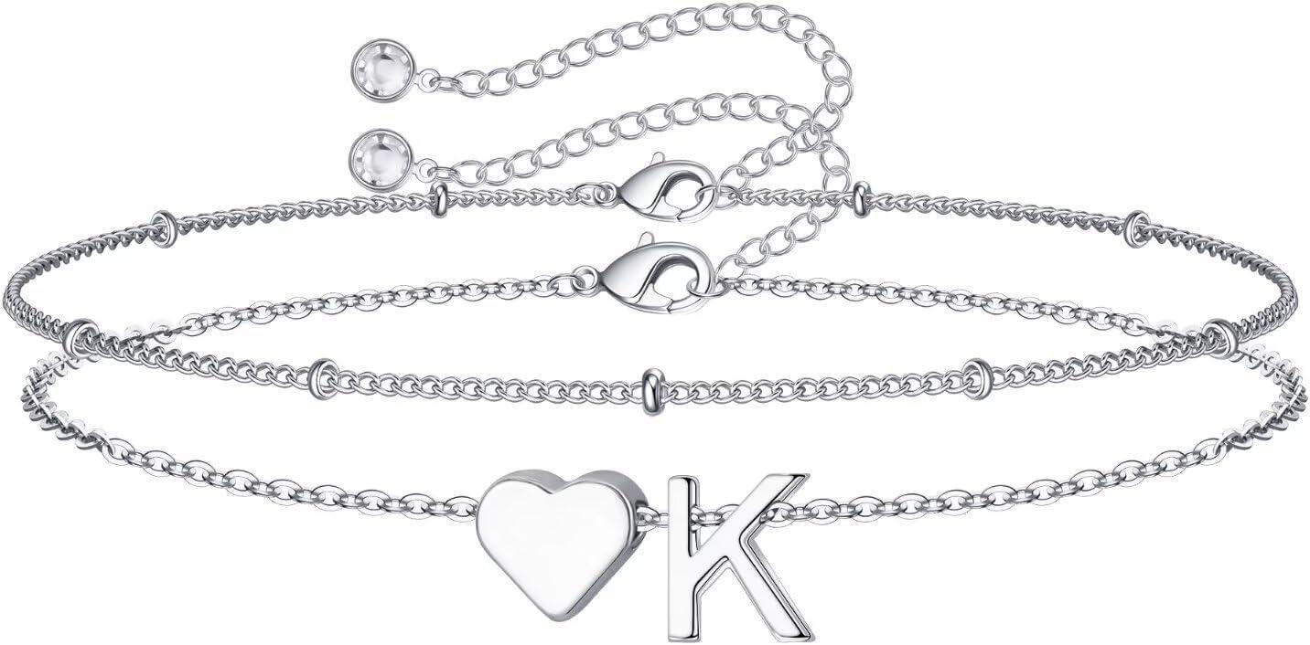imageM MOOHAM Christmas Gifts for Grandkids Teens Girls 14KGoldPlated Heart Initial Bracelets for Women Girl Dainty Gold Bracelets Birthday Gift Stocking Stuffers for Women Teenage Girls Kids GiftsSilverPlated