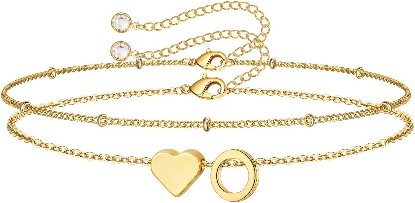 imageM MOOHAM Christmas Gifts for Grandkids Teens Girls 14KGoldPlated Heart Initial Bracelets for Women Girl Dainty Gold Bracelets Birthday Gift Stocking Stuffers for Women Teenage Girls Kids GiftsGoldPlated