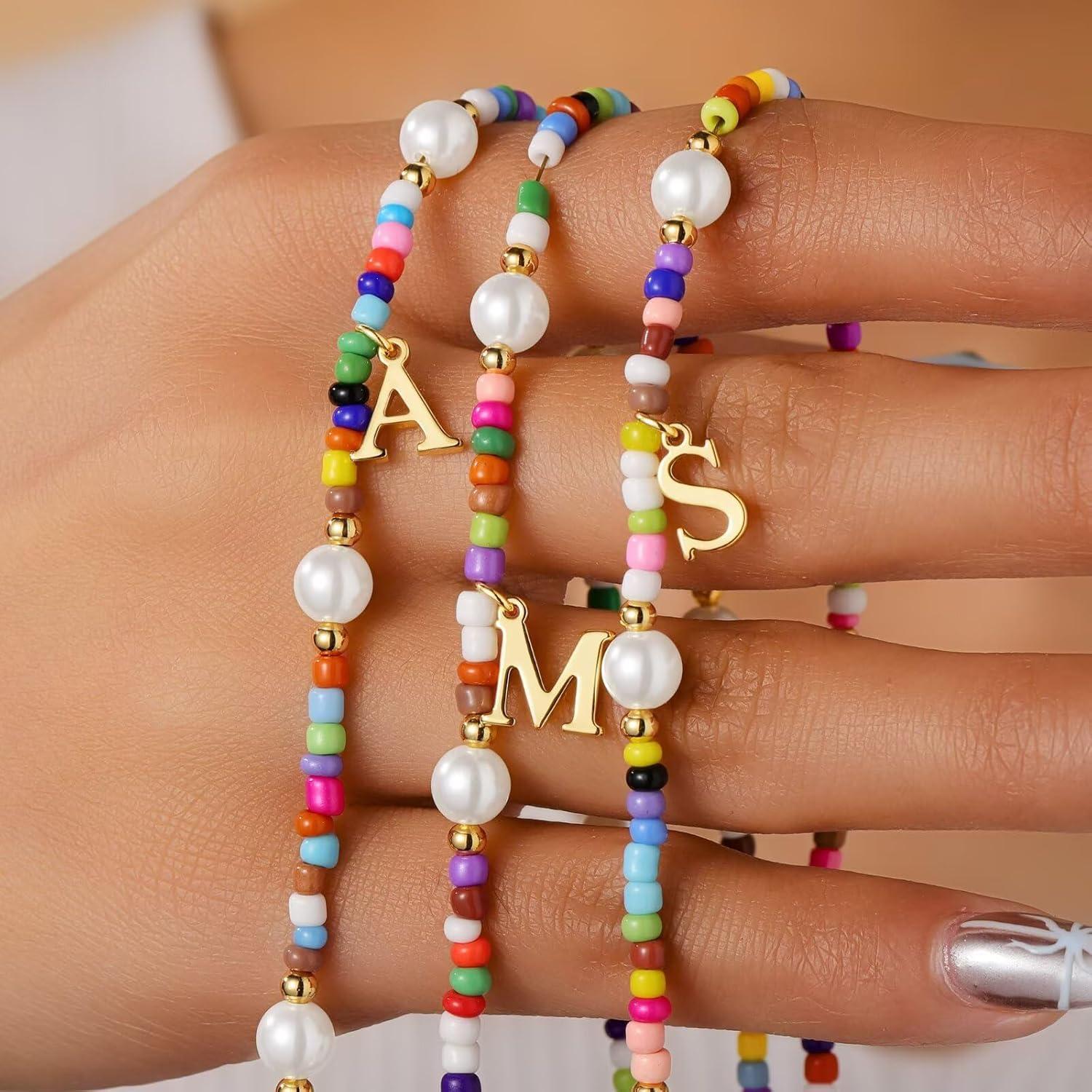 imageM MOOHAM Colorful Initial Necklaces for Girls Women Kids Christmas Stocking Stuffers Beaded Pearl Choker Necklace for Women Teen Girl Gifts Trendy Personalized Letter Birthday Gifts Kids JewelryS