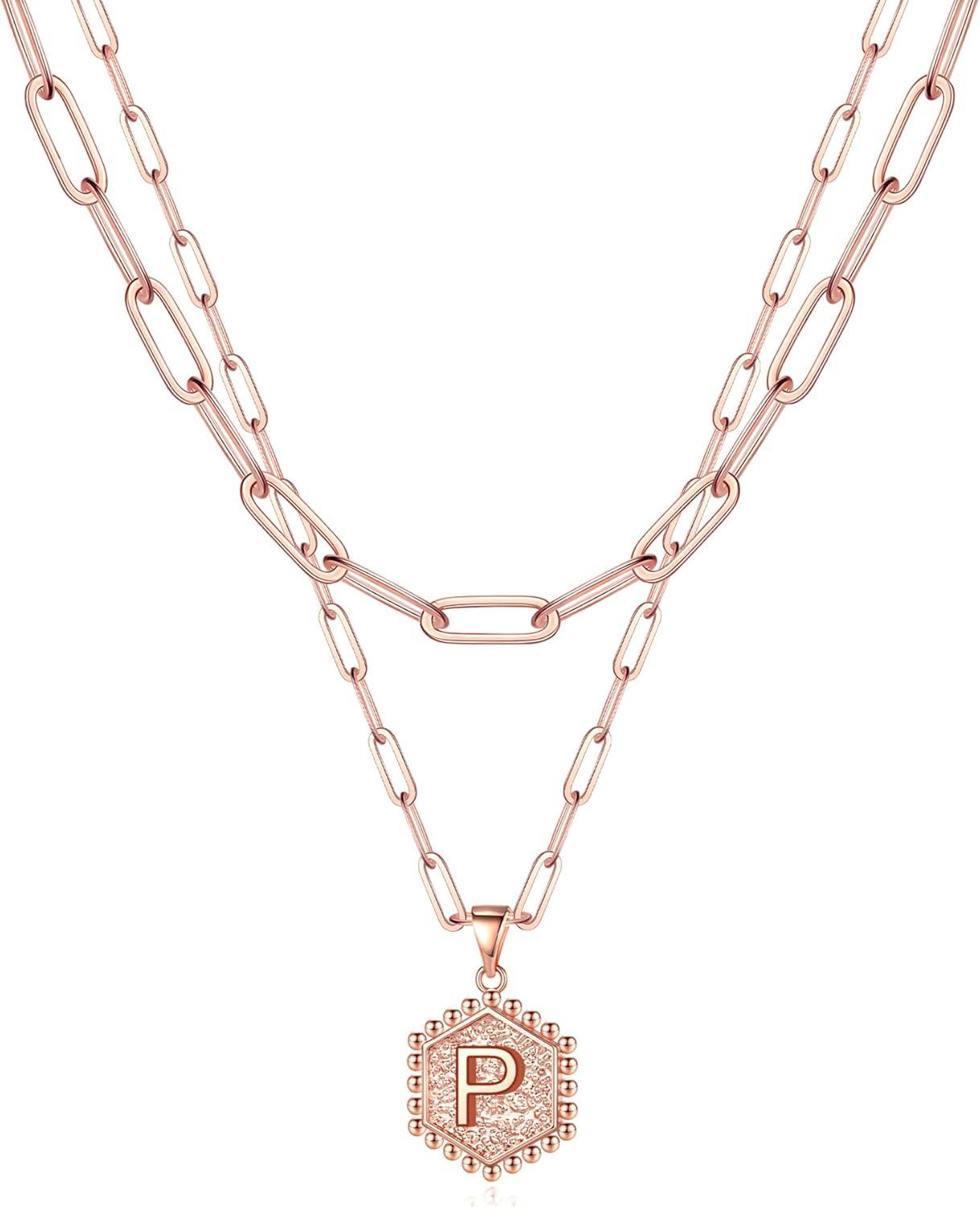 imageM MOOHAM Dainty Initial Necklaces for Women 14KGoldPlated Layering Necklace for Women Cute Hexagon Letter Initial Necklace Layered Necklaces for Teenage Teen Girls Christmas Gifts Stocking StuffersRose Gold Plated