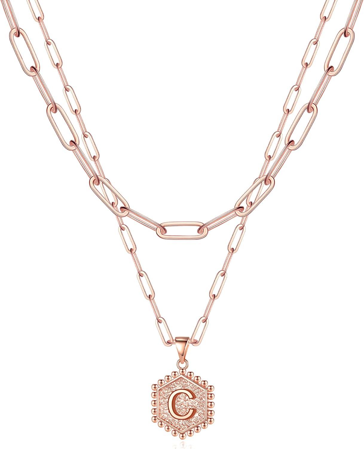 imageM MOOHAM Dainty Initial Necklaces for Women 14KGoldPlated Layering Necklace for Women Cute Hexagon Letter Initial Necklace Layered Necklaces for Teenage Teen Girls Christmas Gifts Stocking StuffersRose Gold Plated