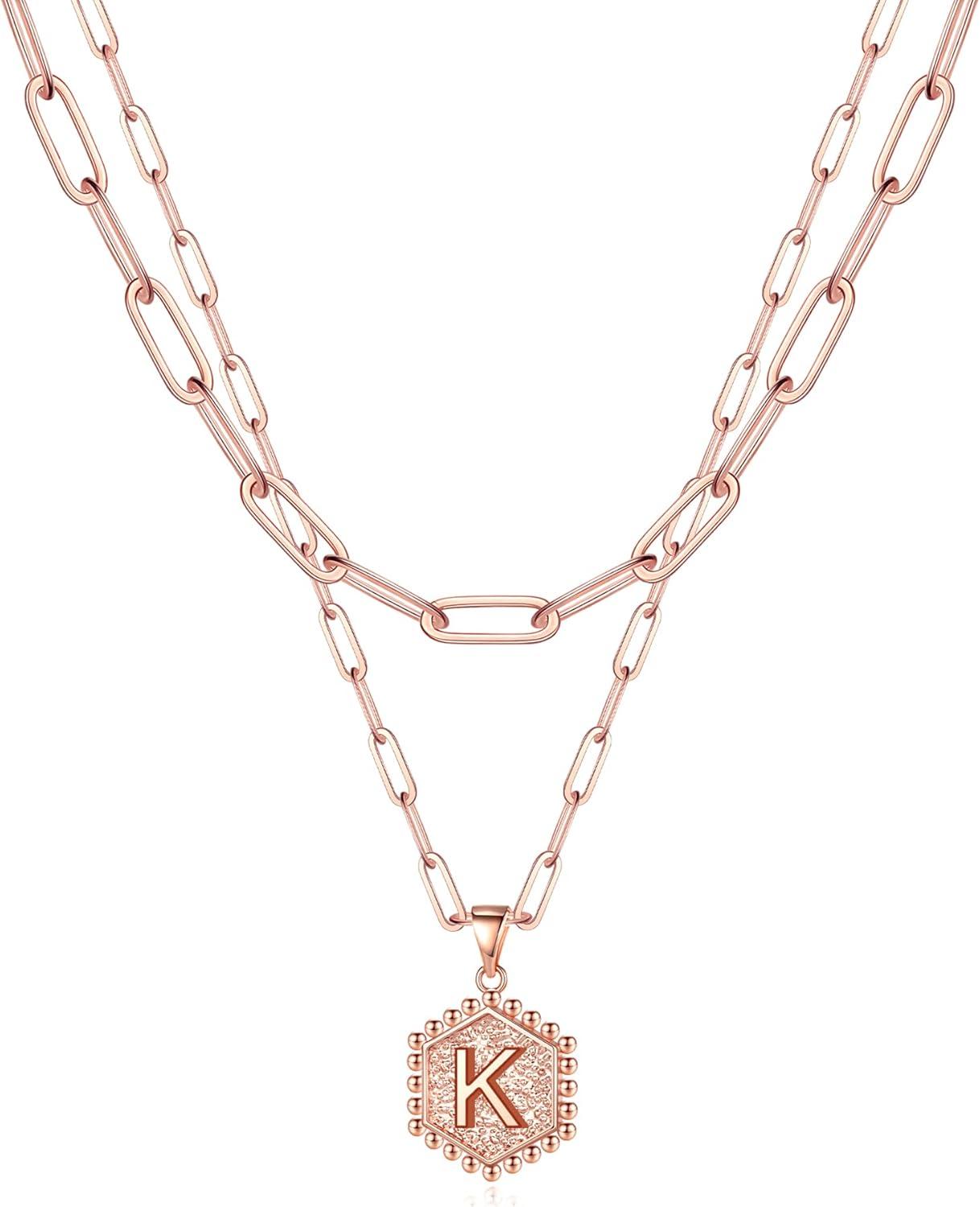 imageM MOOHAM Dainty Initial Necklaces for Women 14KGoldPlated Layering Necklace for Women Cute Hexagon Letter Initial Necklace Layered Necklaces for Teenage Teen Girls Christmas Gifts Stocking StuffersRose Gold Plated