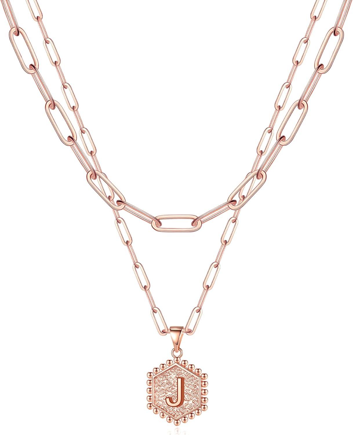 imageM MOOHAM Dainty Initial Necklaces for Women 14KGoldPlated Layering Necklace for Women Cute Hexagon Letter Initial Necklace Layered Necklaces for Teenage Teen Girls Christmas Gifts Stocking StuffersRose Gold Plated