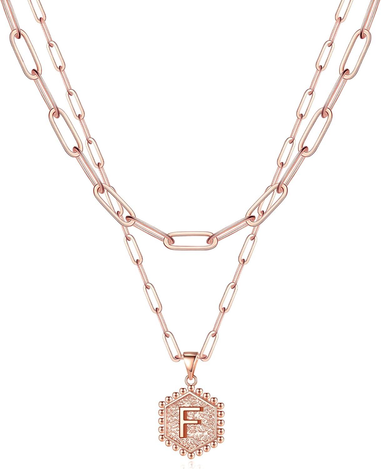 imageM MOOHAM Dainty Initial Necklaces for Women 14KGoldPlated Layering Necklace for Women Cute Hexagon Letter Initial Necklace Layered Necklaces for Teenage Teen Girls Christmas Gifts Stocking StuffersRose Gold Plated