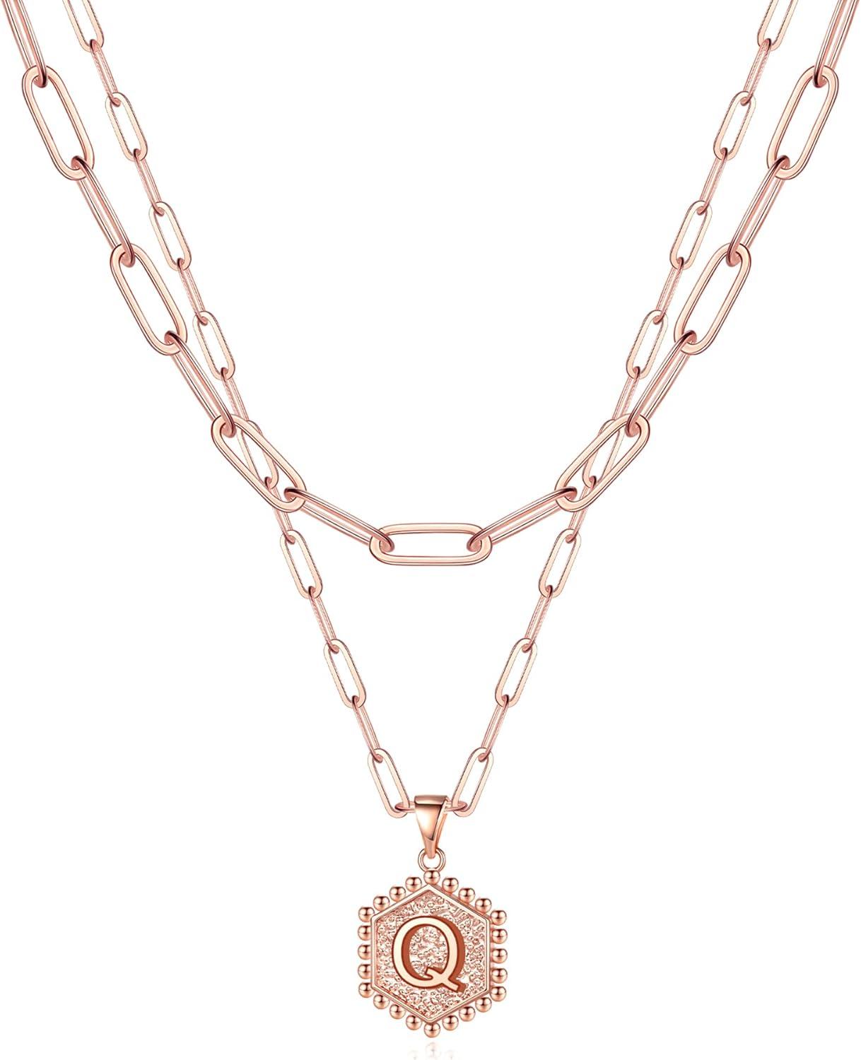 imageM MOOHAM Dainty Initial Necklaces for Women 14KGoldPlated Layering Necklace for Women Cute Hexagon Letter Initial Necklace Layered Necklaces for Teenage Teen Girls Christmas Gifts Stocking StuffersRose Gold Plated