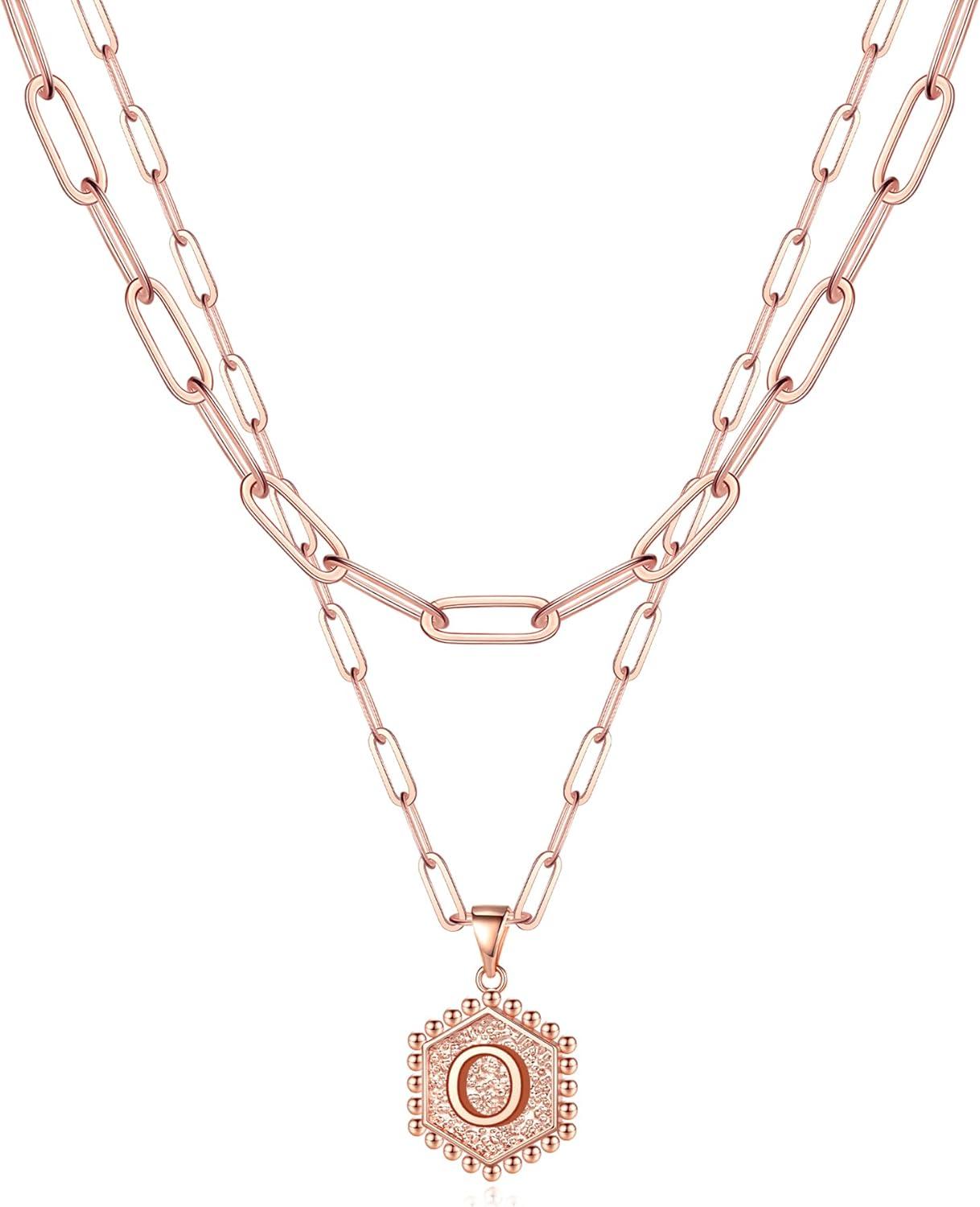 imageM MOOHAM Dainty Initial Necklaces for Women 14KGoldPlated Layering Necklace for Women Cute Hexagon Letter Initial Necklace Layered Necklaces for Teenage Teen Girls Christmas Gifts Stocking StuffersRose Gold Plated