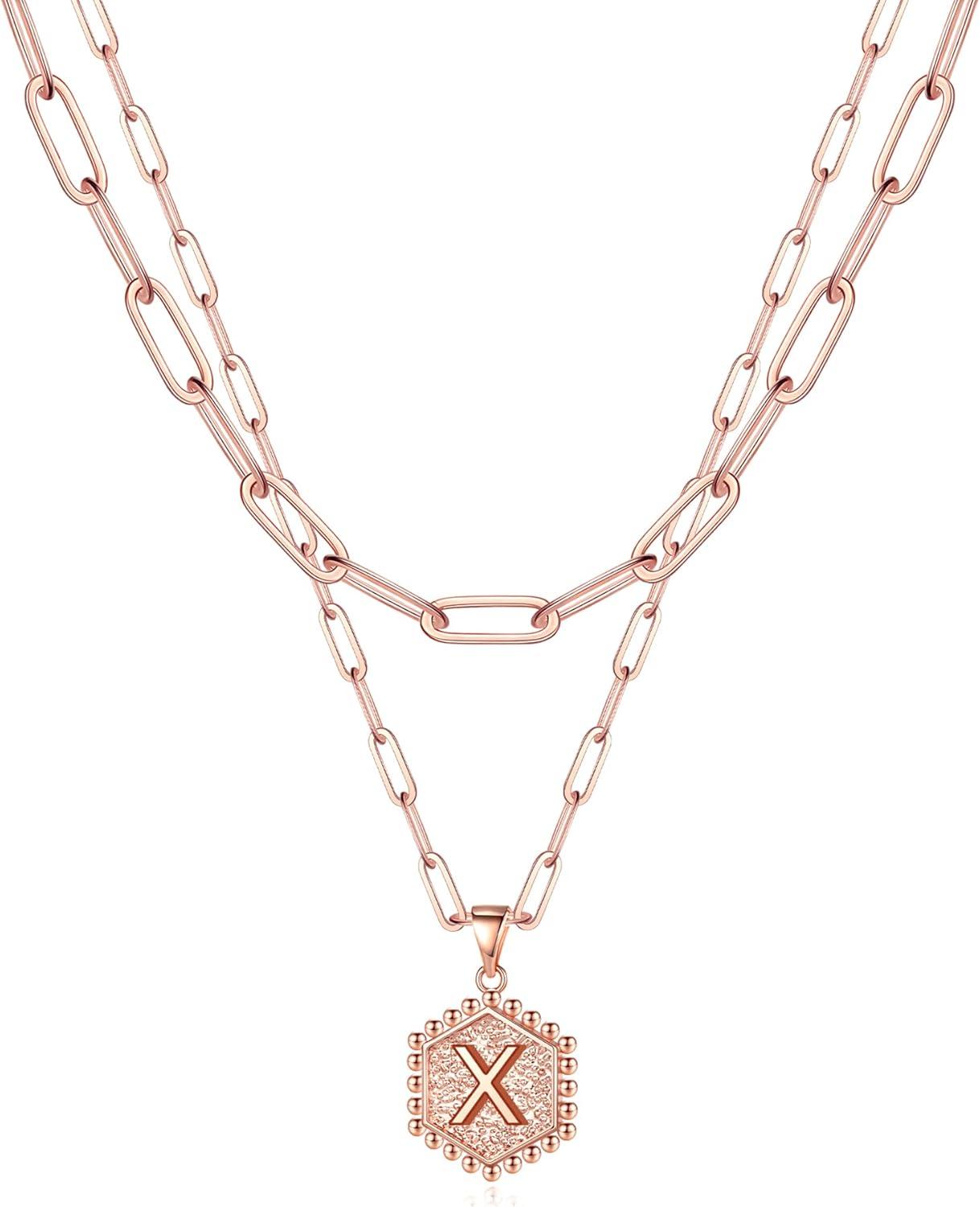 imageM MOOHAM Dainty Initial Necklaces for Women 14KGoldPlated Layering Necklace for Women Cute Hexagon Letter Initial Necklace Layered Necklaces for Teenage Teen Girls Christmas Gifts Stocking StuffersRose Gold Plated