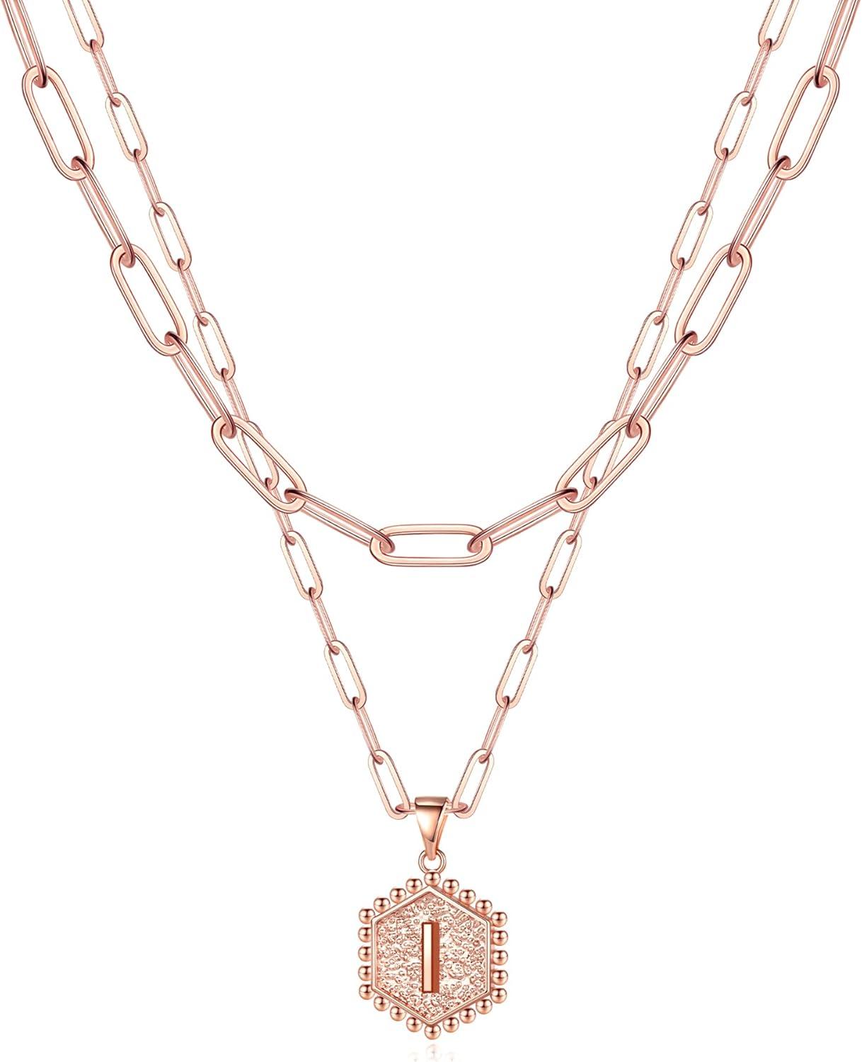 imageM MOOHAM Dainty Initial Necklaces for Women 14KGoldPlated Layering Necklace for Women Cute Hexagon Letter Initial Necklace Layered Necklaces for Teenage Teen Girls Christmas Gifts Stocking StuffersRose Gold Plated