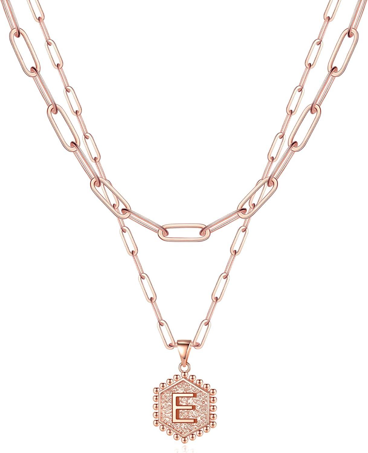 imageM MOOHAM Dainty Initial Necklaces for Women 14KGoldPlated Layering Necklace for Women Cute Hexagon Letter Initial Necklace Layered Necklaces for Teenage Teen Girls Christmas Gifts Stocking StuffersRose Gold Plated