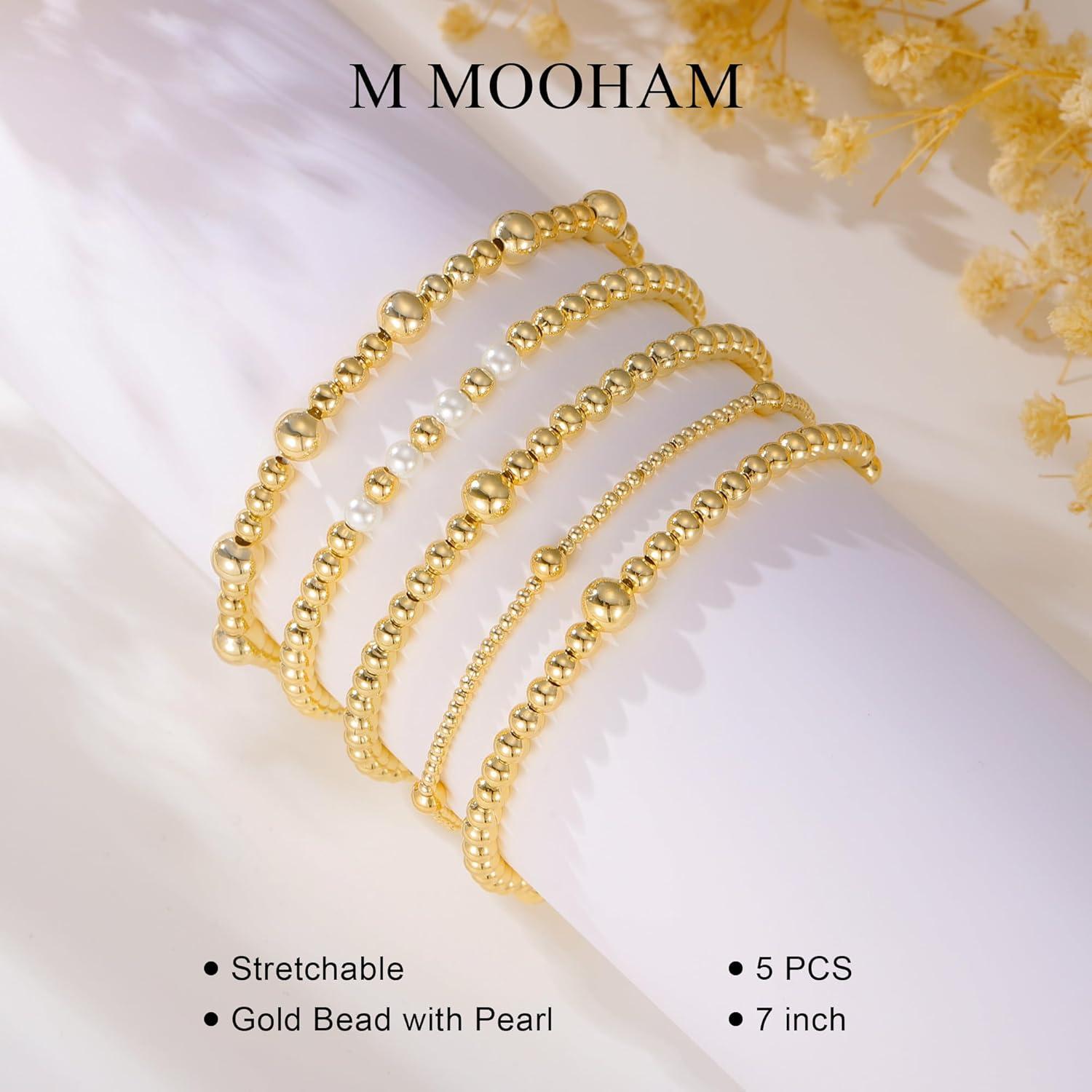 imageM MOOHAM Gold Beaded Bracelets for Women 14k Gold Plated Beaded Ball Bracelet Set Stack for Women Trendy Non Tarnisn Jewelry Gifts for Her Womens Adjustable Strand Bracelet