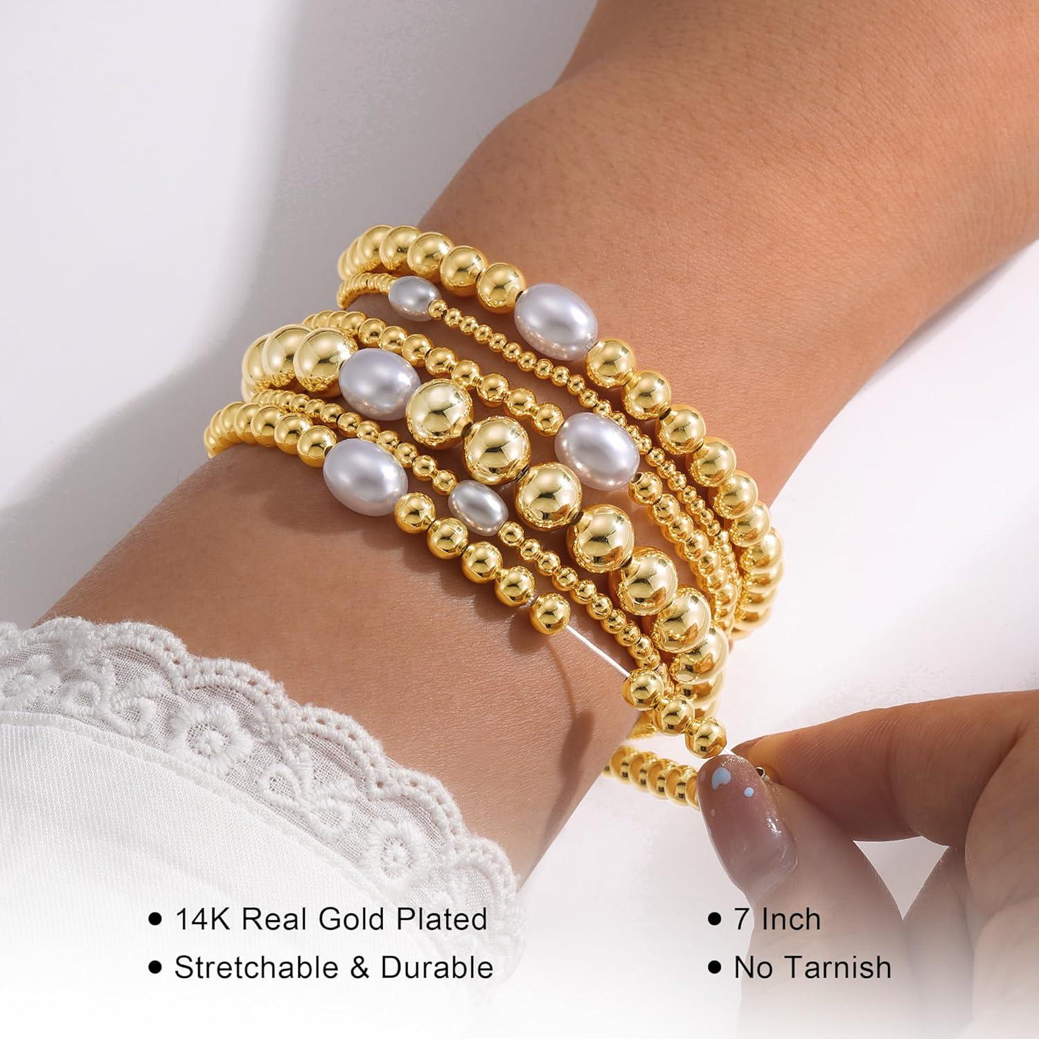 imageM MOOHAM Gold Beaded Bracelets for Women 14k Gold Plated Beaded Ball Bracelet Set Stack for Women Trendy Non Tarnisn Jewelry Gifts for Her Womens Adjustable Strand Bracelet