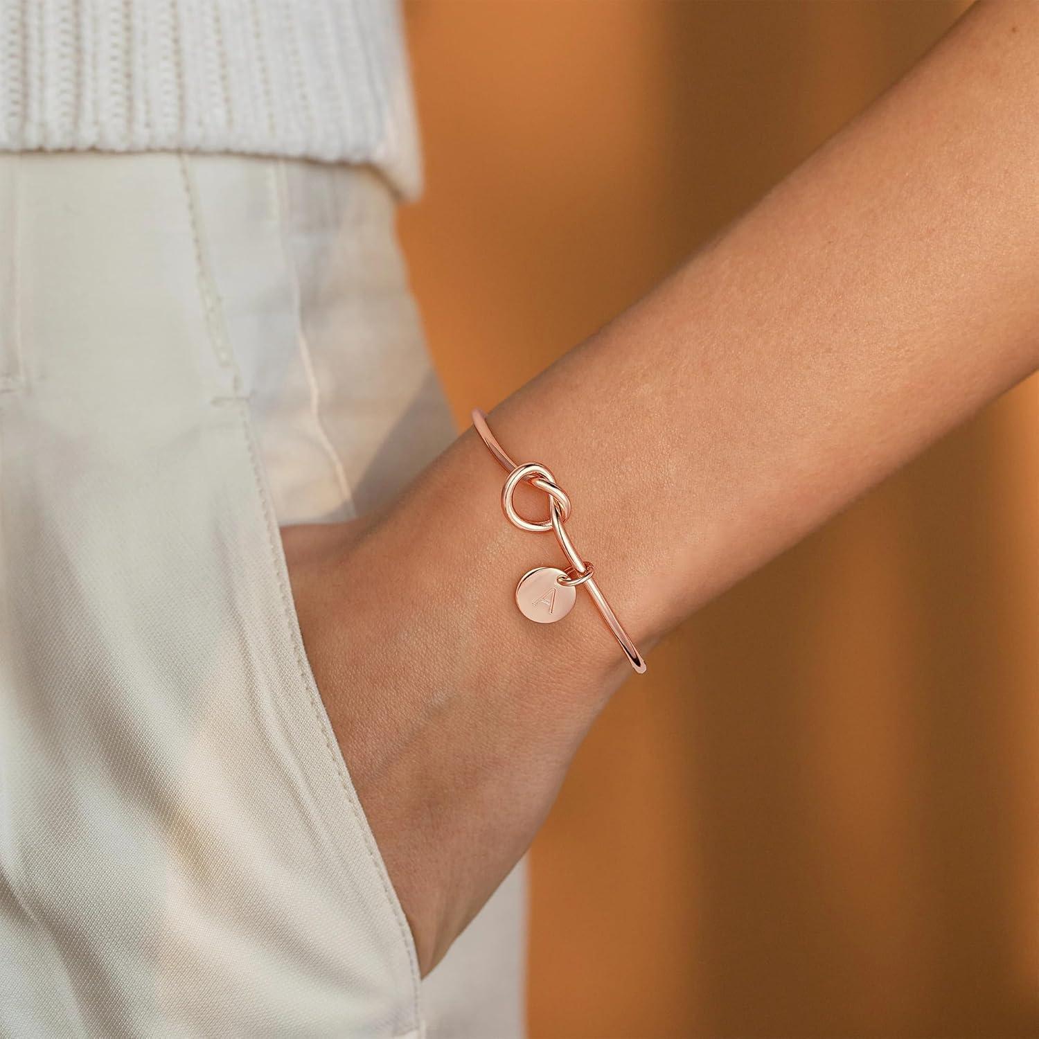 imageM MOOHAM Gold Initial Bracelets Gifts for Women Teen Girls Dainty Tie the Knot Letter AZ Initial Bracelet for Women Gold Cuff Bracelet for Womens Jewelry Personalized Bridesmaid Proposal GiftsO Rose Gold