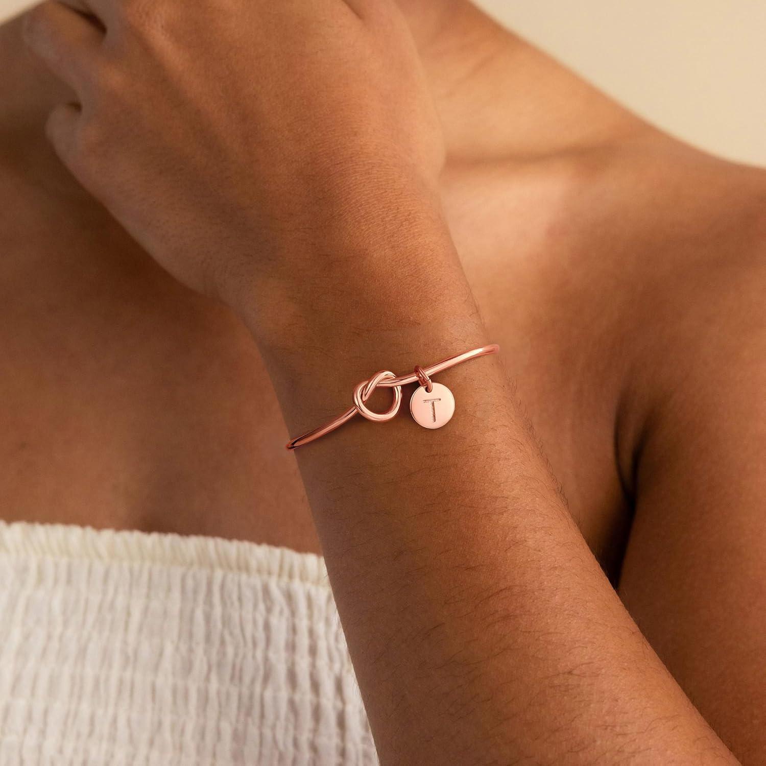 imageM MOOHAM Gold Initial Bracelets Gifts for Women Teen Girls Dainty Tie the Knot Letter AZ Initial Bracelet for Women Gold Cuff Bracelet for Womens Jewelry Personalized Bridesmaid Proposal GiftsT Rose Gold