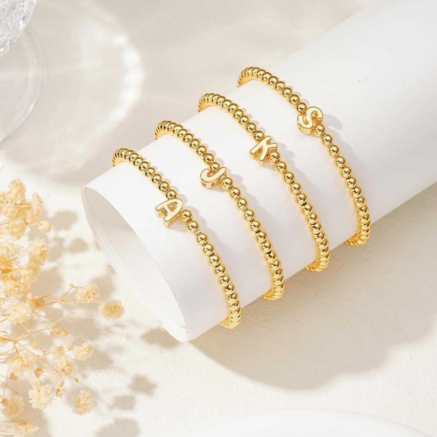 imageM MOOHAM Initial Bracelets for Women Letter A Bracelets for Women Trendy Letter Bracelet Gold Plate Cute Tiny Gold Beaded Initial Stretch Bracelet Dainty Small Jewelry