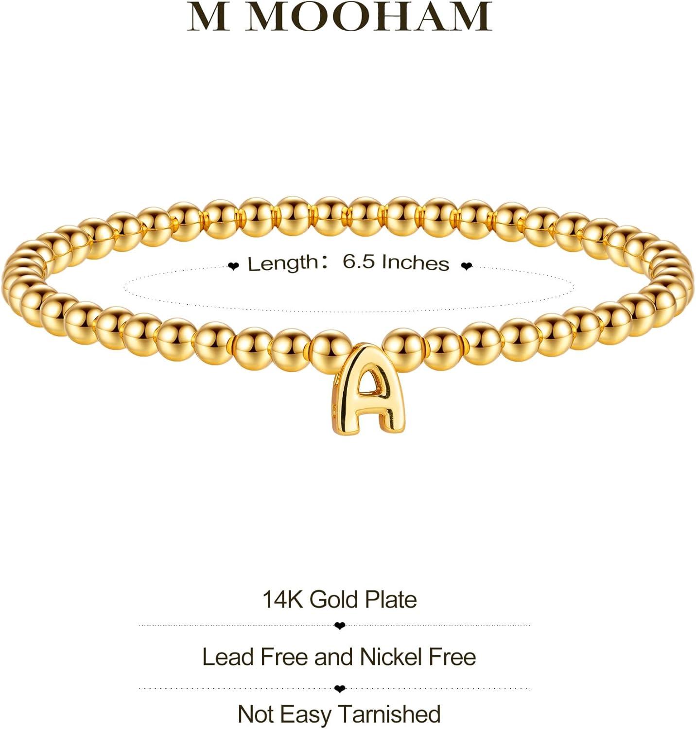 imageM MOOHAM Initial Bracelets for Women Letter A Bracelets for Women Trendy Letter Bracelet Gold Plate Cute Tiny Gold Beaded Initial Stretch Bracelet Dainty Small Jewelry