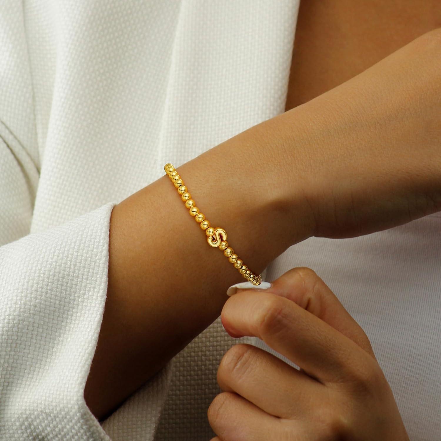 imageM MOOHAM Initial Bracelets for Women Letter A Bracelets for Women Trendy Letter Bracelet Gold Plate Cute Tiny Gold Beaded Initial Stretch Bracelet Dainty Small Jewelry