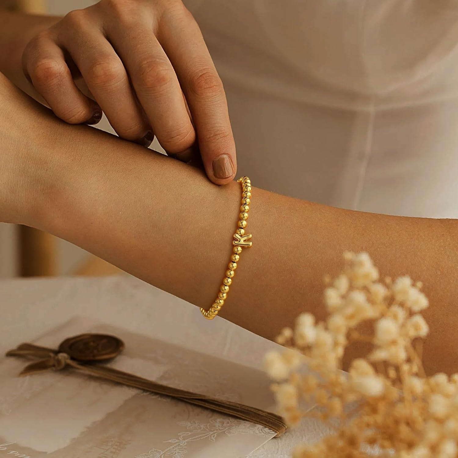 imageM MOOHAM Initial Bracelets for Women Letter M Bracelets for Women Trendy Letter Bracelet Gold Plate Cute Tiny Beaded Initial Stretch Bracelet Small Dainty Jewelry