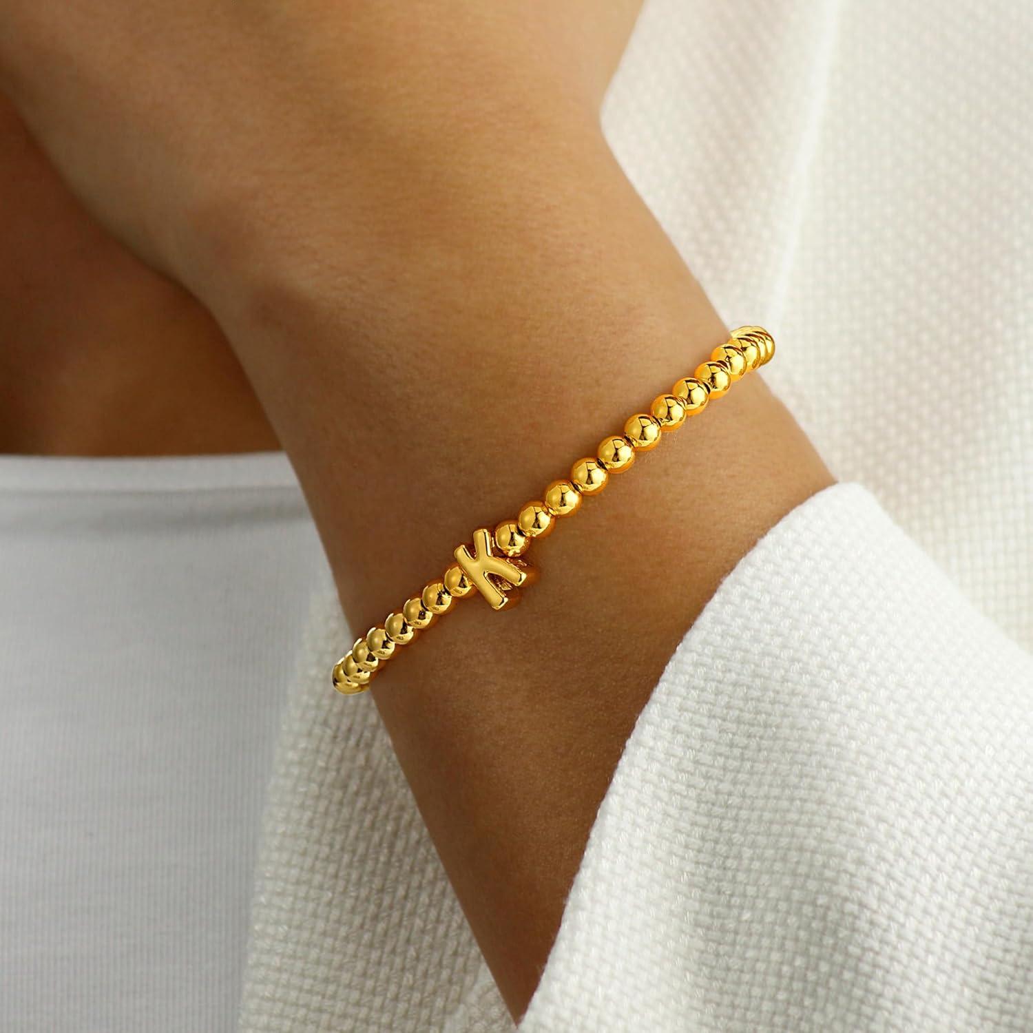 imageM MOOHAM Initial Bracelets for Women Letter M Bracelets for Women Trendy Letter Bracelet Gold Plate Cute Tiny Beaded Initial Stretch Bracelet Small Dainty Jewelry