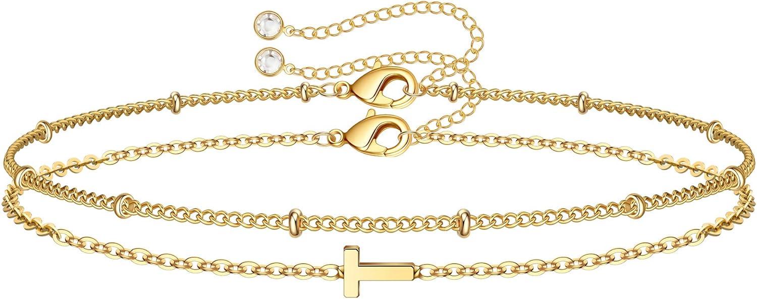 imageM MOOHAM Stocking Stuffers for Women Girls Layered Initial Bracelet Letter AZ Charm Dainty 14K Gold Plated Initial Bracelets for Women Birthday Personalized Gifts Trendy JewelryGold