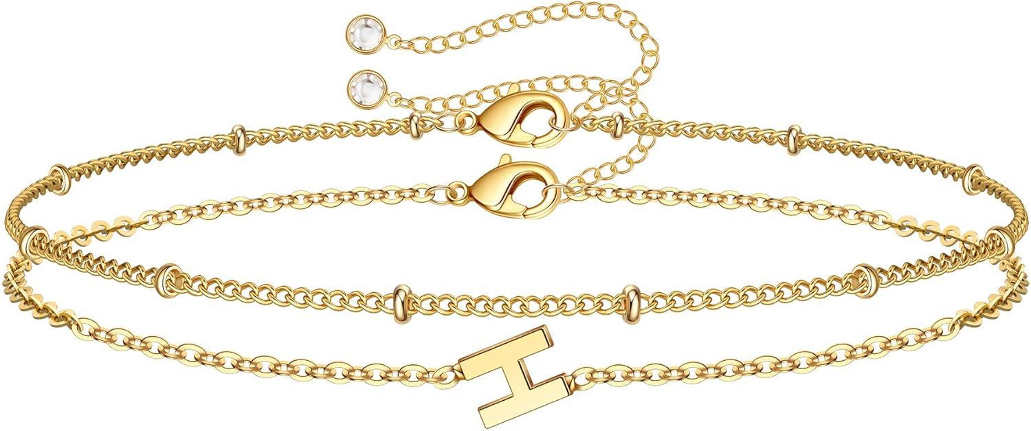 imageM MOOHAM Stocking Stuffers for Women Girls Layered Initial Bracelet Letter AZ Charm Dainty 14K Gold Plated Initial Bracelets for Women Birthday Personalized Gifts Trendy JewelryGold