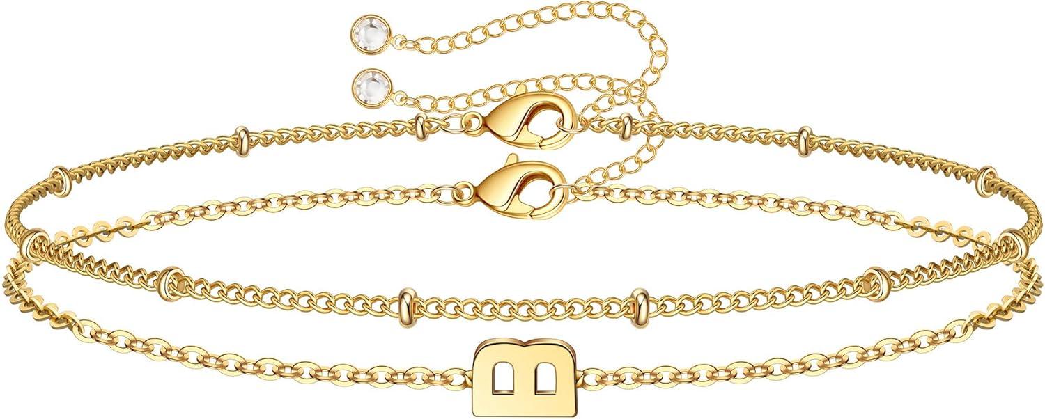 imageM MOOHAM Stocking Stuffers for Women Girls Layered Initial Bracelet Letter AZ Charm Dainty 14K Gold Plated Initial Bracelets for Women Birthday Personalized Gifts Trendy JewelryGold