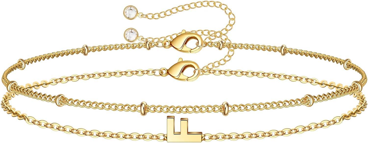 imageM MOOHAM Stocking Stuffers for Women Girls Layered Initial Bracelet Letter AZ Charm Dainty 14K Gold Plated Initial Bracelets for Women Birthday Personalized Gifts Trendy JewelryGold