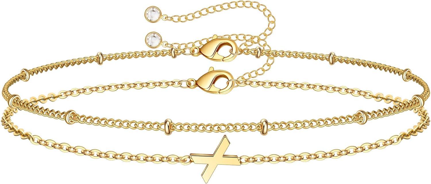 imageM MOOHAM Stocking Stuffers for Women Girls Layered Initial Bracelet Letter AZ Charm Dainty 14K Gold Plated Initial Bracelets for Women Birthday Personalized Gifts Trendy JewelryGold