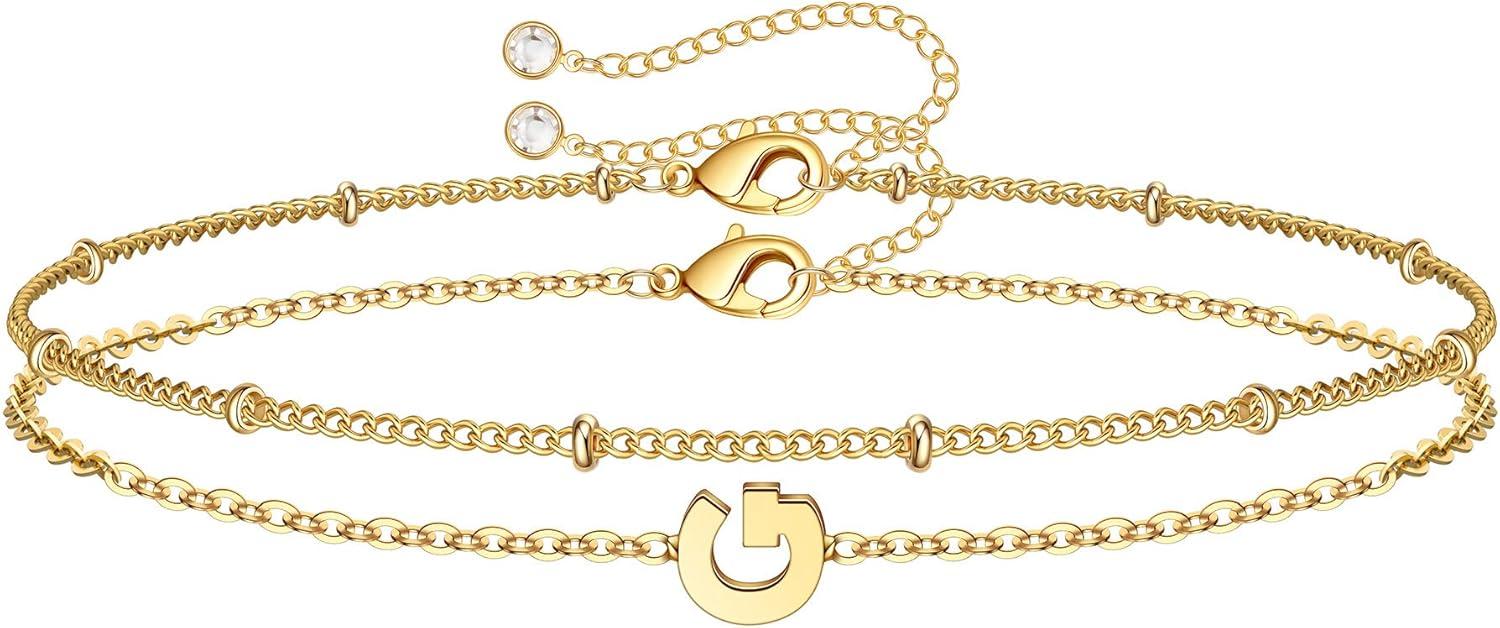 imageM MOOHAM Stocking Stuffers for Women Girls Layered Initial Bracelet Letter AZ Charm Dainty 14K Gold Plated Initial Bracelets for Women Birthday Personalized Gifts Trendy JewelryGold