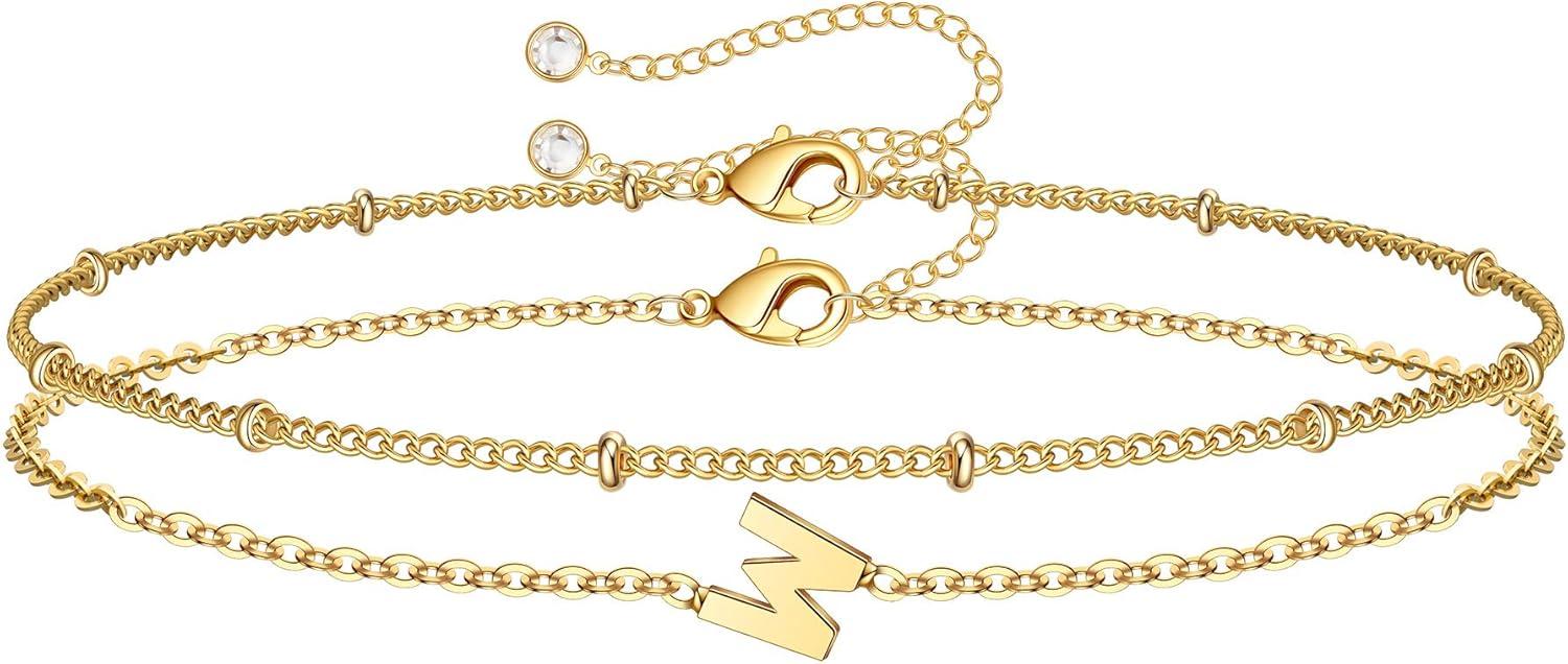 imageM MOOHAM Stocking Stuffers for Women Girls Layered Initial Bracelet Letter AZ Charm Dainty 14K Gold Plated Initial Bracelets for Women Birthday Personalized Gifts Trendy JewelryGold