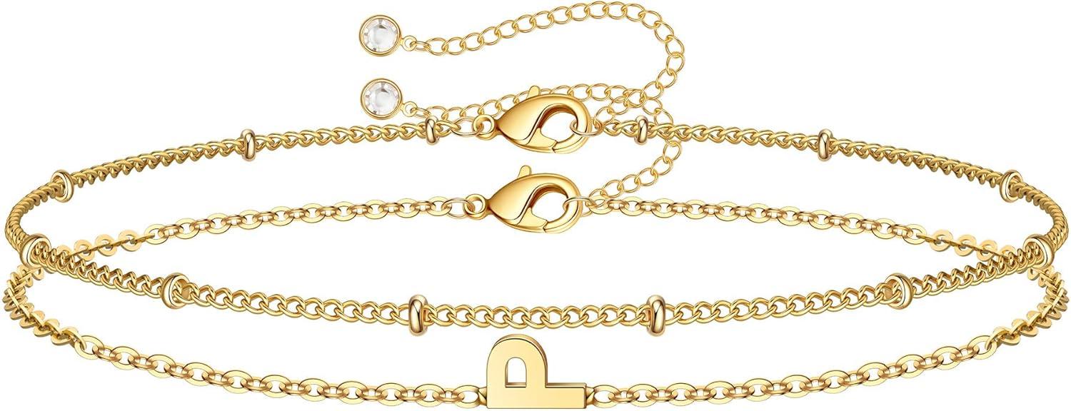 imageM MOOHAM Stocking Stuffers for Women Girls Layered Initial Bracelet Letter AZ Charm Dainty 14K Gold Plated Initial Bracelets for Women Birthday Personalized Gifts Trendy JewelryGold