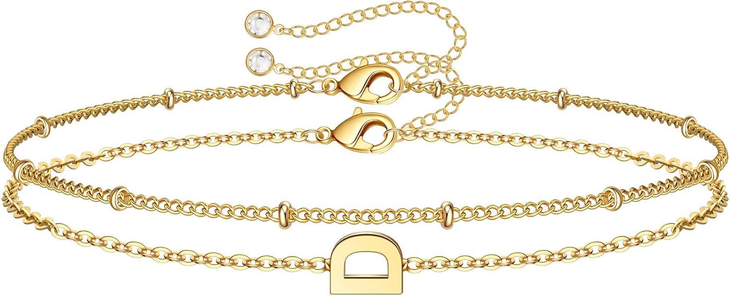 imageM MOOHAM Stocking Stuffers for Women Girls Layered Initial Bracelet Letter AZ Charm Dainty 14K Gold Plated Initial Bracelets for Women Birthday Personalized Gifts Trendy JewelryGold