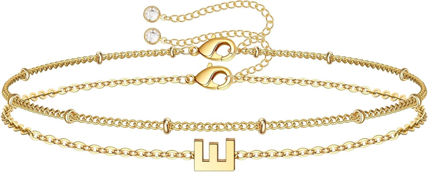imageM MOOHAM Stocking Stuffers for Women Girls Layered Initial Bracelet Letter AZ Charm Dainty 14K Gold Plated Initial Bracelets for Women Birthday Personalized Gifts Trendy JewelryGold