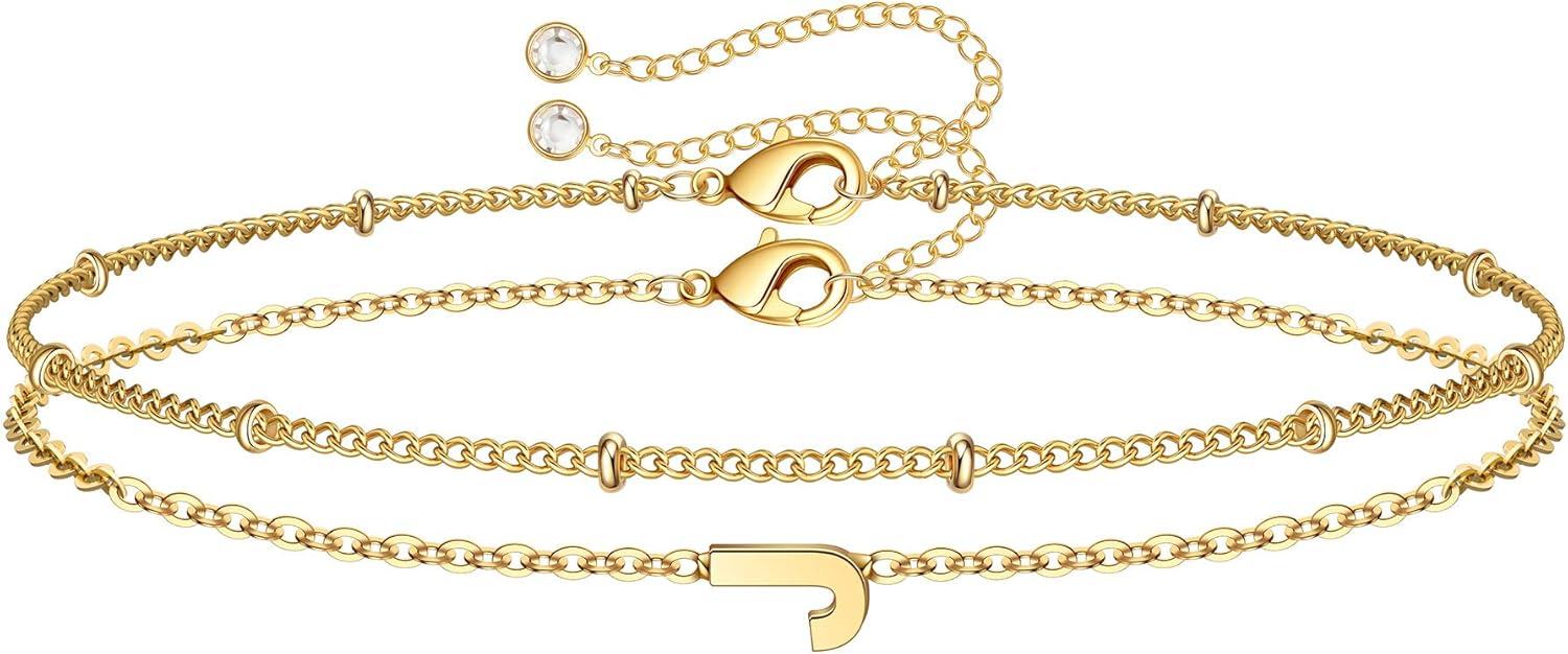 imageM MOOHAM Stocking Stuffers for Women Girls Layered Initial Bracelet Letter AZ Charm Dainty 14K Gold Plated Initial Bracelets for Women Birthday Personalized Gifts Trendy JewelryGold