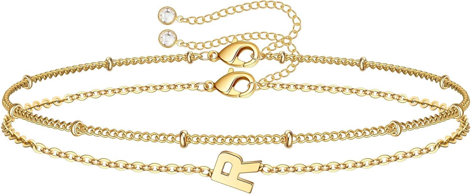 imageM MOOHAM Stocking Stuffers for Women Girls Layered Initial Bracelet Letter AZ Charm Dainty 14K Gold Plated Initial Bracelets for Women Birthday Personalized Gifts Trendy JewelryGold
