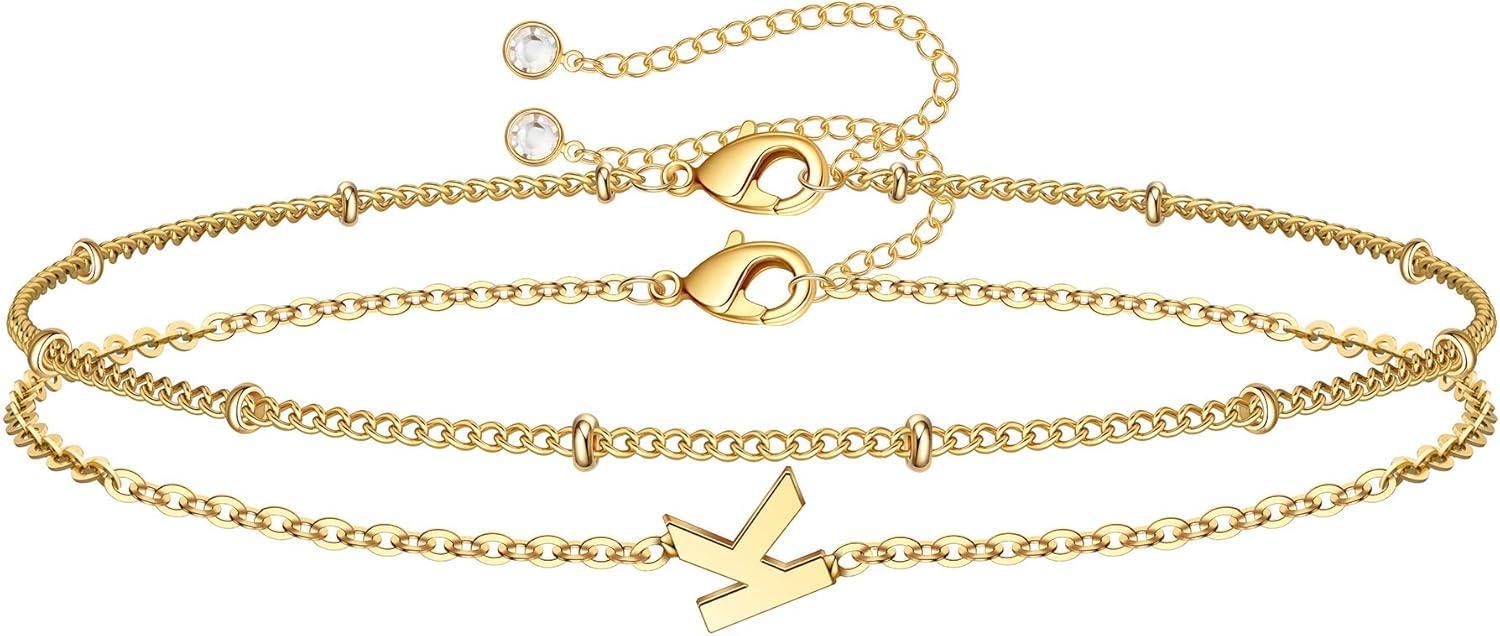 imageM MOOHAM Stocking Stuffers for Women Girls Layered Initial Bracelet Letter AZ Charm Dainty 14K Gold Plated Initial Bracelets for Women Birthday Personalized Gifts Trendy JewelryGold