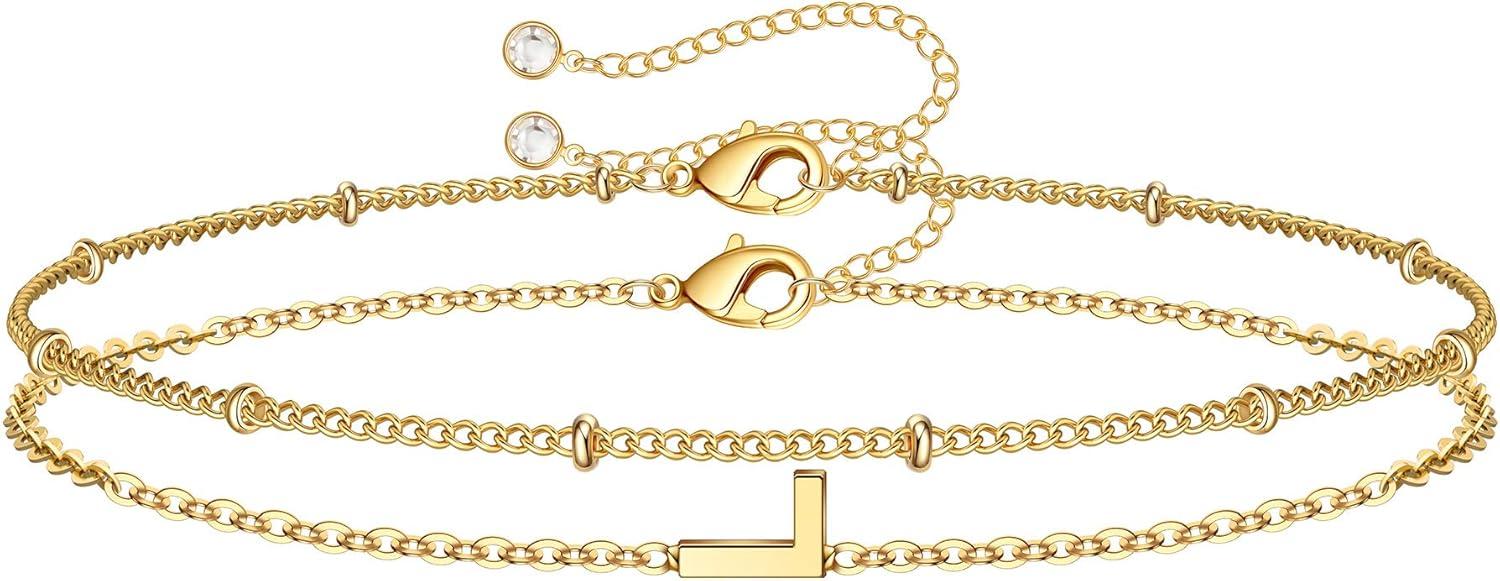 imageM MOOHAM Stocking Stuffers for Women Girls Layered Initial Bracelet Letter AZ Charm Dainty 14K Gold Plated Initial Bracelets for Women Birthday Personalized Gifts Trendy JewelryGold