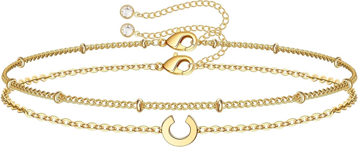 imageM MOOHAM Stocking Stuffers for Women Girls Layered Initial Bracelet Letter AZ Charm Dainty 14K Gold Plated Initial Bracelets for Women Birthday Personalized Gifts Trendy JewelryGold