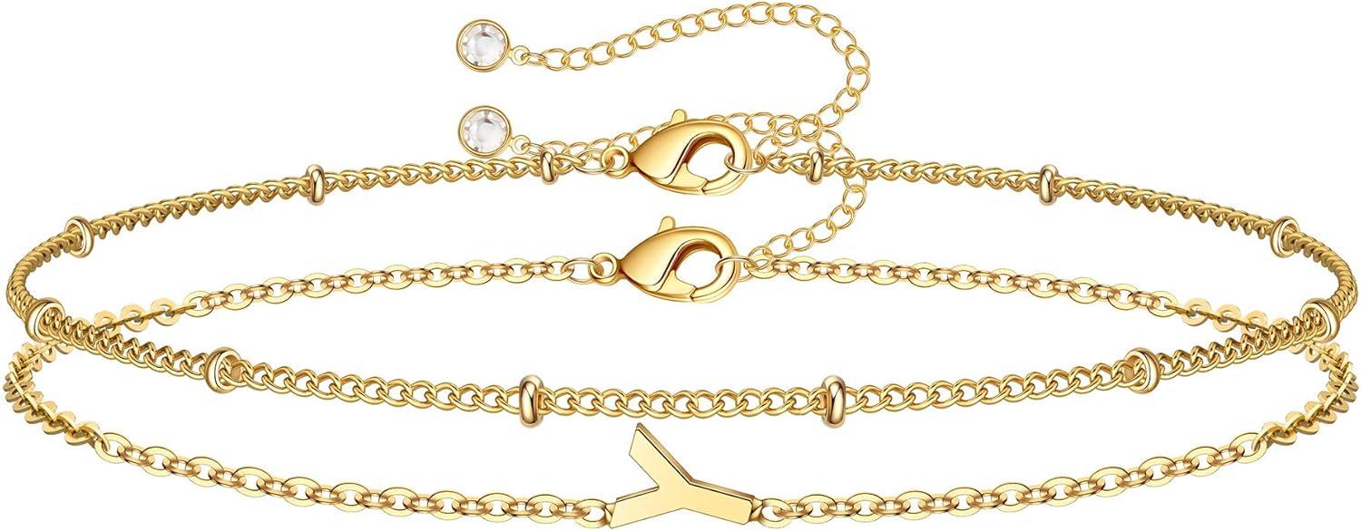 imageM MOOHAM Stocking Stuffers for Women Girls Layered Initial Bracelet Letter AZ Charm Dainty 14K Gold Plated Initial Bracelets for Women Birthday Personalized Gifts Trendy JewelryGold