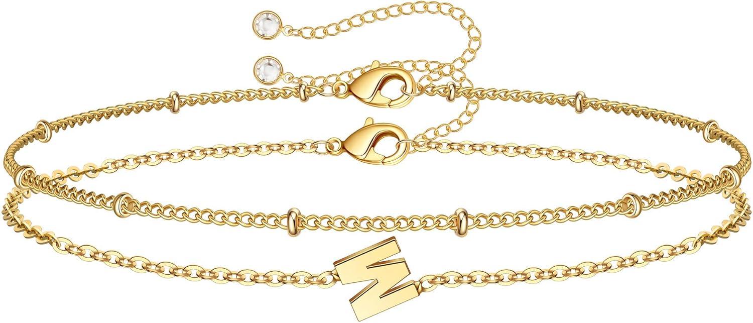 imageM MOOHAM Stocking Stuffers for Women Girls Layered Initial Bracelet Letter AZ Charm Dainty 14K Gold Plated Initial Bracelets for Women Birthday Personalized Gifts Trendy JewelryGold